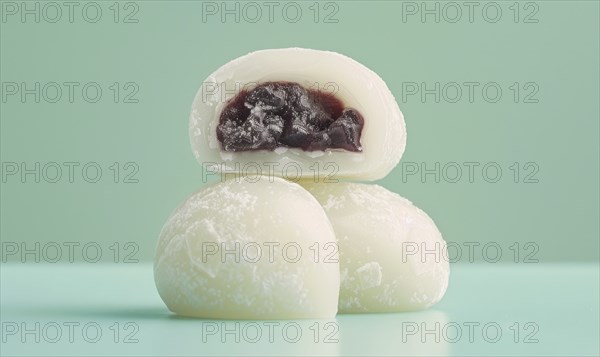 Japanese mochi with sweet red bean paste on a light green background AI generated