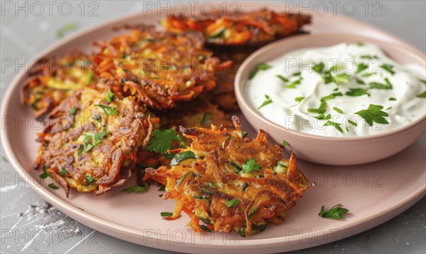 Carrot and zucchini fritters with yogurt dip on a pastel pink plate AI generated