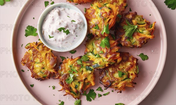 Carrot and zucchini fritters with yogurt dip on a pastel pink plate AI generated