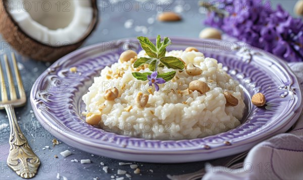 Brazilian arroz doce with coconut milk on a pastel purple plate AI generated