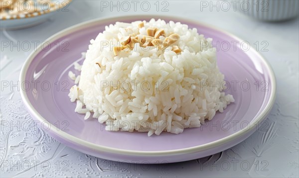 Brazilian arroz doce with coconut milk on a pastel purple plate AI generated