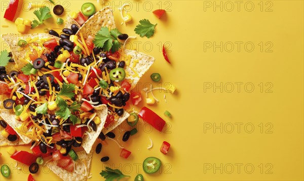Bell pepper nachos with black beans and cheese on a light yellow background AI generated