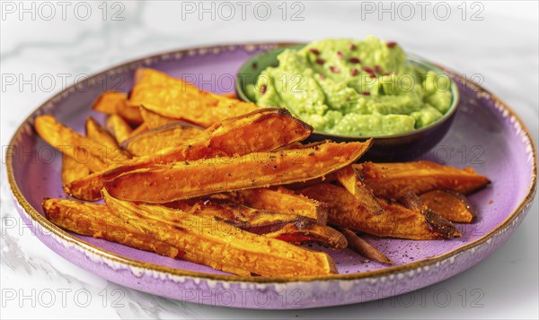 Baked sweet potato fries with avocado dip on a pastel purple plate AI generated