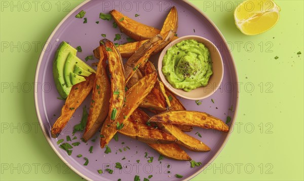 Baked sweet potato fries with avocado dip on a pastel purple plate AI generated