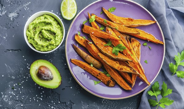 Baked sweet potato fries with avocado dip on a pastel purple plate AI generated