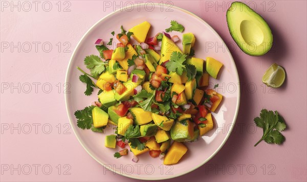 Avocado and mango salsa on a pastel pink plate AI generated
