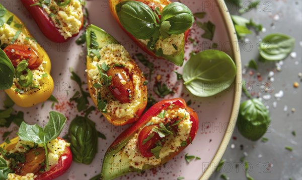 Avocado and hummus stuffed mini peppers on a pastel pink plate AI generated