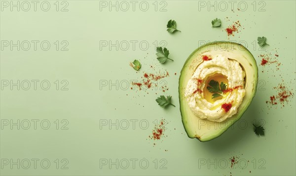 Avocado and hummus dip on a light green background AI generated