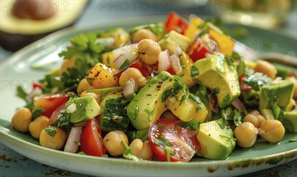 Avocado and chickpea salad on a pastel green plate AI generated