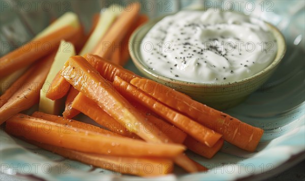 Avocado and carrot sticks with yogurt dip on a pastel green plate AI generated