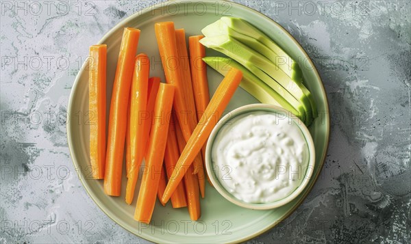 Avocado and carrot sticks with yogurt dip on a pastel green plate AI generated