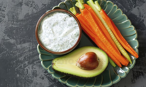 Avocado and carrot sticks with yogurt dip on a pastel green plate AI generated