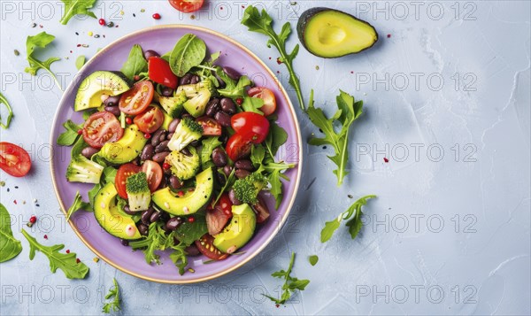 Avocado and black bean salad on a pastel purple plate AI generated