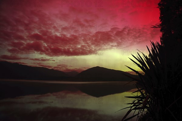 Aurora australis at Lake Haupiri, West Coast, New Zealand at 8:50 pm, May 11, 2024