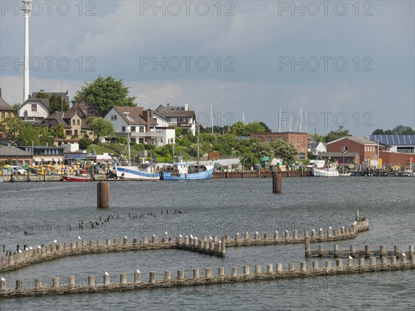 View of the harbour with fishing boats and buildings along the shore under a cloudy sky, Kappeln,