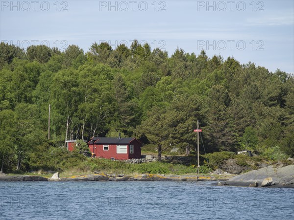 A red house on the edge of the forest near the coast, surrounded by trees and water, Stavanger,