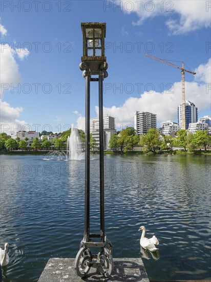 Lamp in the foreground by the lake with a fountain and modern buildings in the background. White