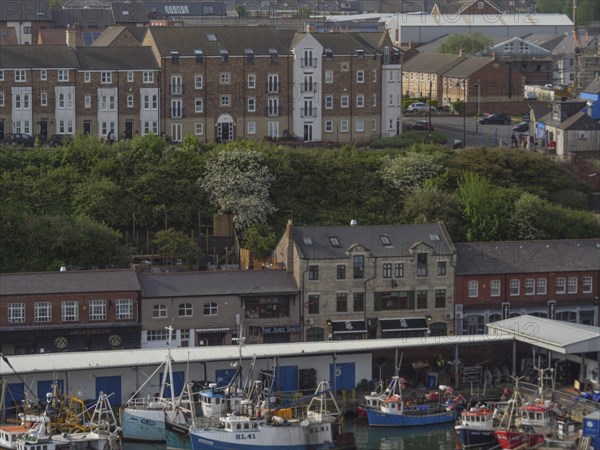 A view of a harbour area with fishing boats and town buildings in the background, Newcastle,