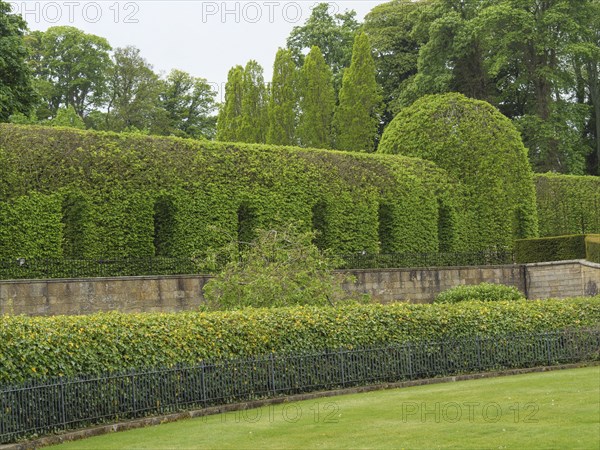 A garden with carefully trimmed hedges and a stone wall surrounded by trees, tynemouth, England,