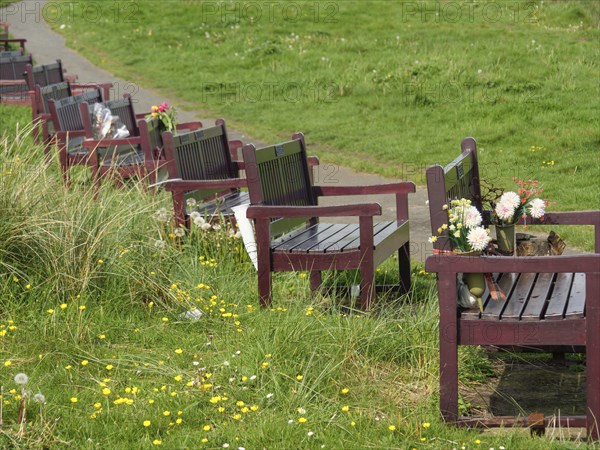 Park benches along a path on a green meadow, decorated with flowers, Newcastle, England, Great