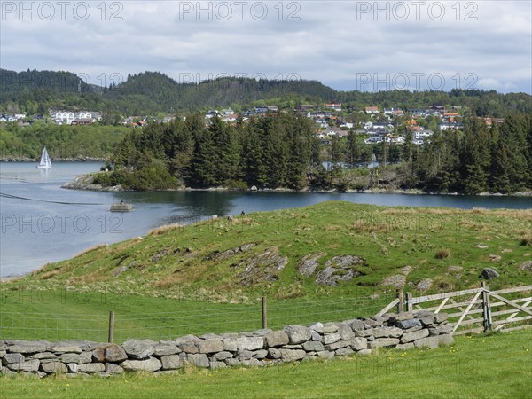 Lake surrounded by meadows and a village with houses, mountains in the background, relaxed