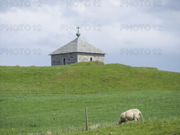 Stone church on a green hill with a grazing sheep in front of it, Haugesund, norway
