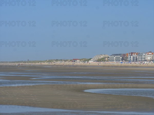 Sandy beach beach at low tide with calm sea and houses in the background under a clear blue sky, de