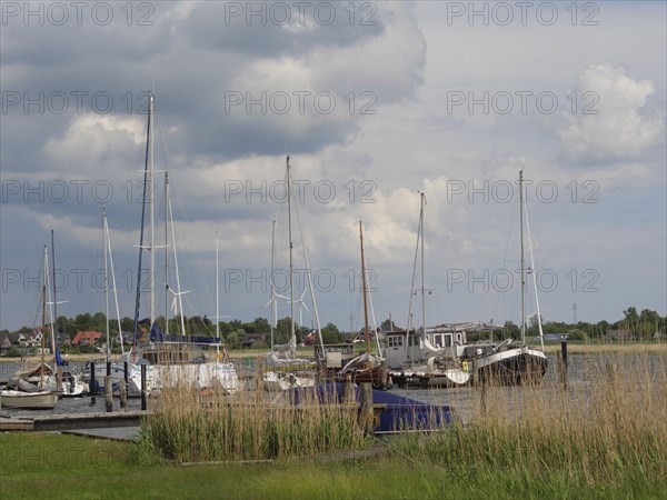 Sailboats lying in the harbour against a cloudy sky backdrop and surrounded by reeds, Arnis,
