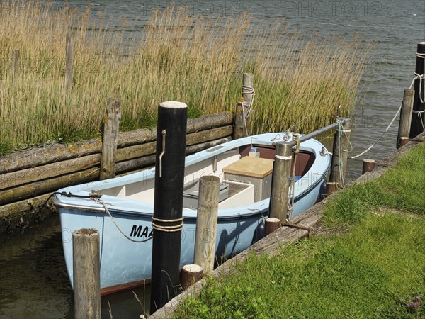 Blue boat in a small harbour surrounded by reeds and wooden jetties on a quiet shore, Maasholm,