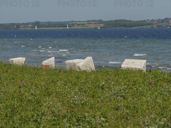 White beach chairs on the beach against the backdrop of waves and a green meadow, Flensburg,