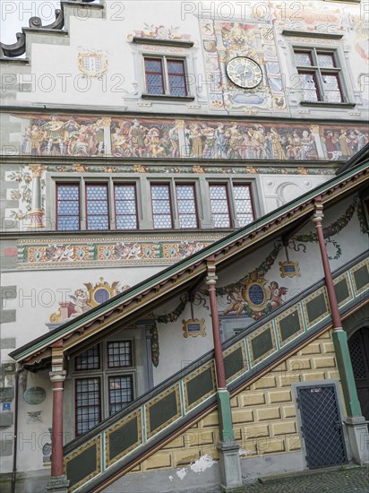 Richly painted historic façade with ornate murals, windows and staircase, Meersburg, Lake