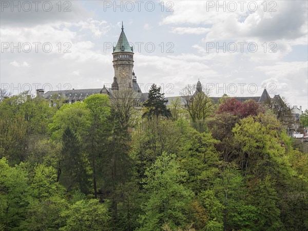 A castle with a tower stands surrounded by dense trees under a cloudy sky, Luxembourg City,