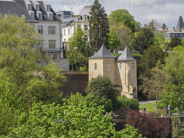 Historic buildings with towers, surrounded by green trees and a park. Springtime atmosphere,