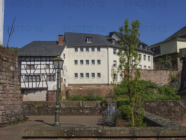 Town view with half-timbered house and historical buildings, detail of a square with nature,