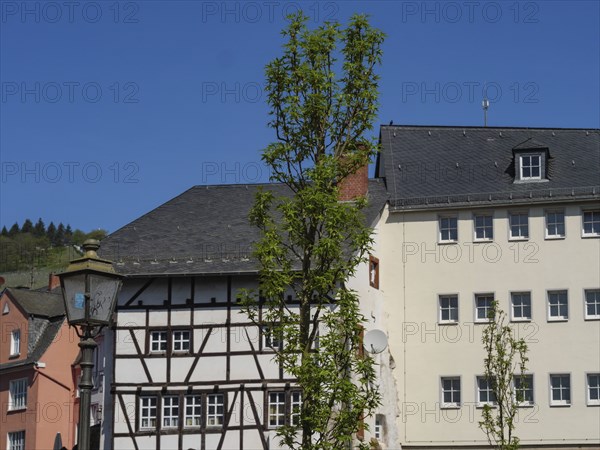 Mid-rise half-timbered houses and more modern buildings with a tree in the foreground under a clear