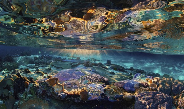 Sunlight penetrating the water surface, illuminating an intricate underwater coral reef with
