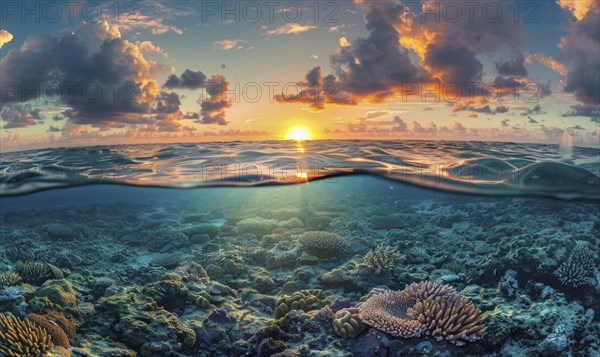 Half underwater view during sunset, showcasing colorful corals beneath the surface and a dramatic