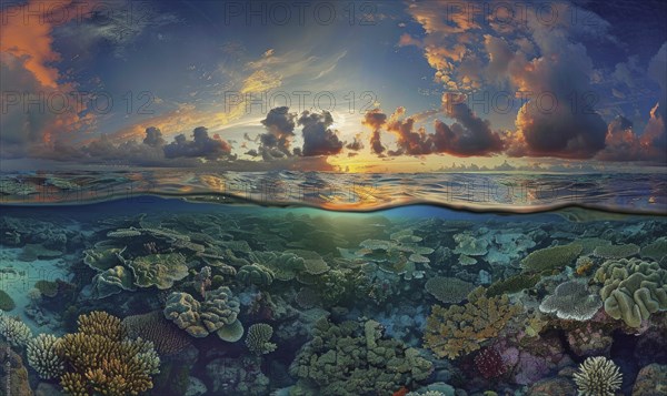 Split view image featuring a vibrant coral reef underwater and a dramatic sunset with colorful