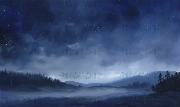 Painting of a foggy night sky with low-lying stratus clouds AI generated