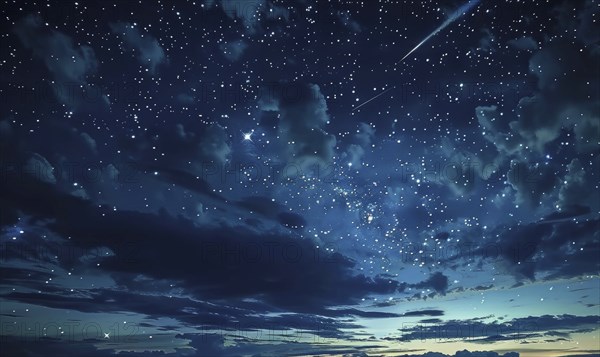 Night sky with scattered clouds and a shooting star AI generated
