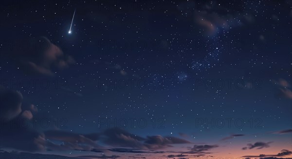 Night sky with scattered clouds and a shooting star AI generated