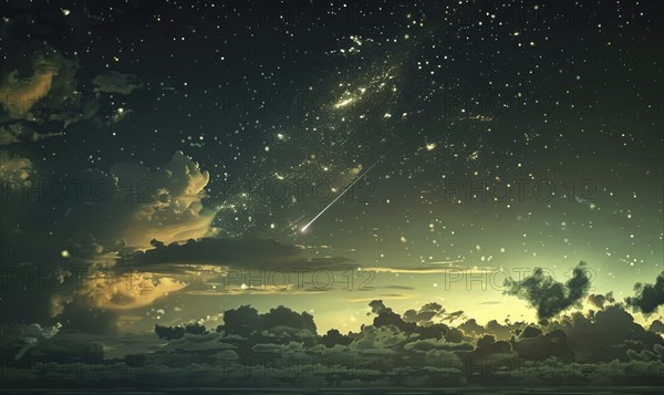 Night sky with scattered clouds and a shooting star AI generated