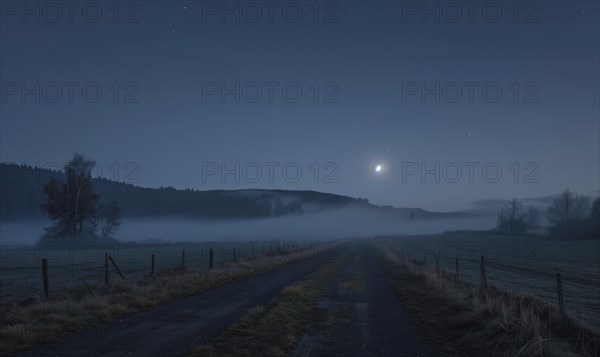 Night sky with low-lying fog and a sliver of moonlight AI generated