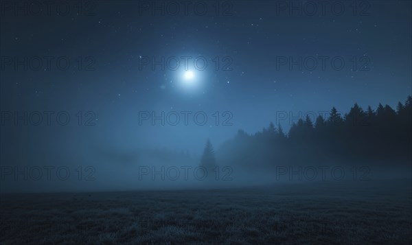 Night sky with low-lying fog and a sliver of moonlight AI generated
