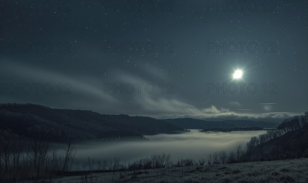 Night sky with low-lying fog and a sliver of moonlight, AI generated
