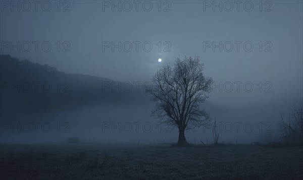 Night sky with low-lying fog and a sliver of moonlight AI generated