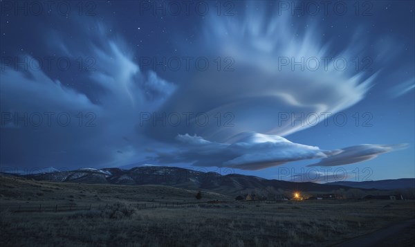 Night sky with lenticular clouds, strong winds AI generated