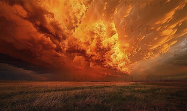 Fiery red-orange sky and dramatic clouds, sky background AI generated