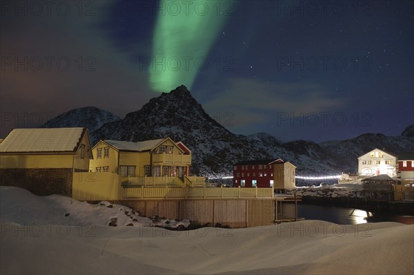 Night scene of a snow-covered village with auroras in the sky and mountains in the background,