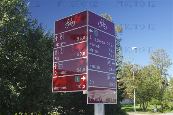 Red signpost with several bicycle symbols and distances in front of a green tree backdrop and clear